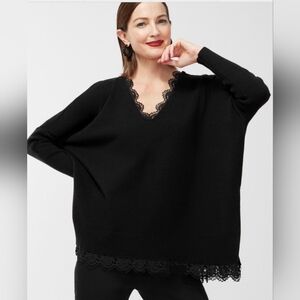 NWOT S/M Chicos Black Thick Lace-Edged Poncho Sweater